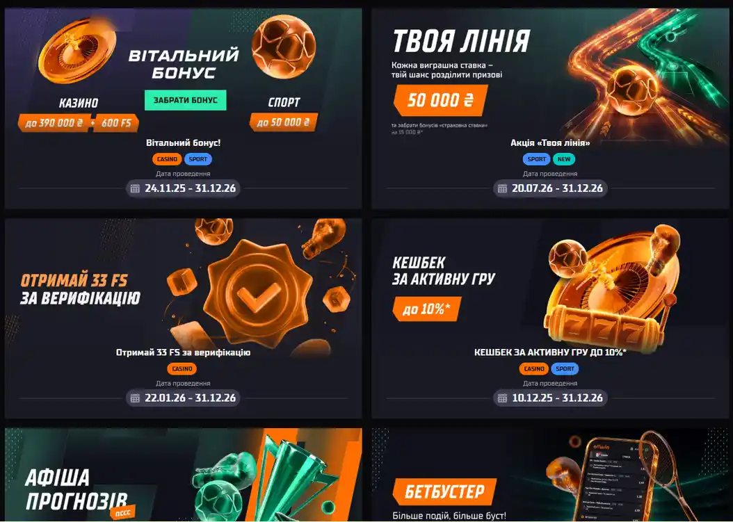 Сторінка акцій Allwin UA: вітальний бонус, фриспіни за верифікацію та кешбек